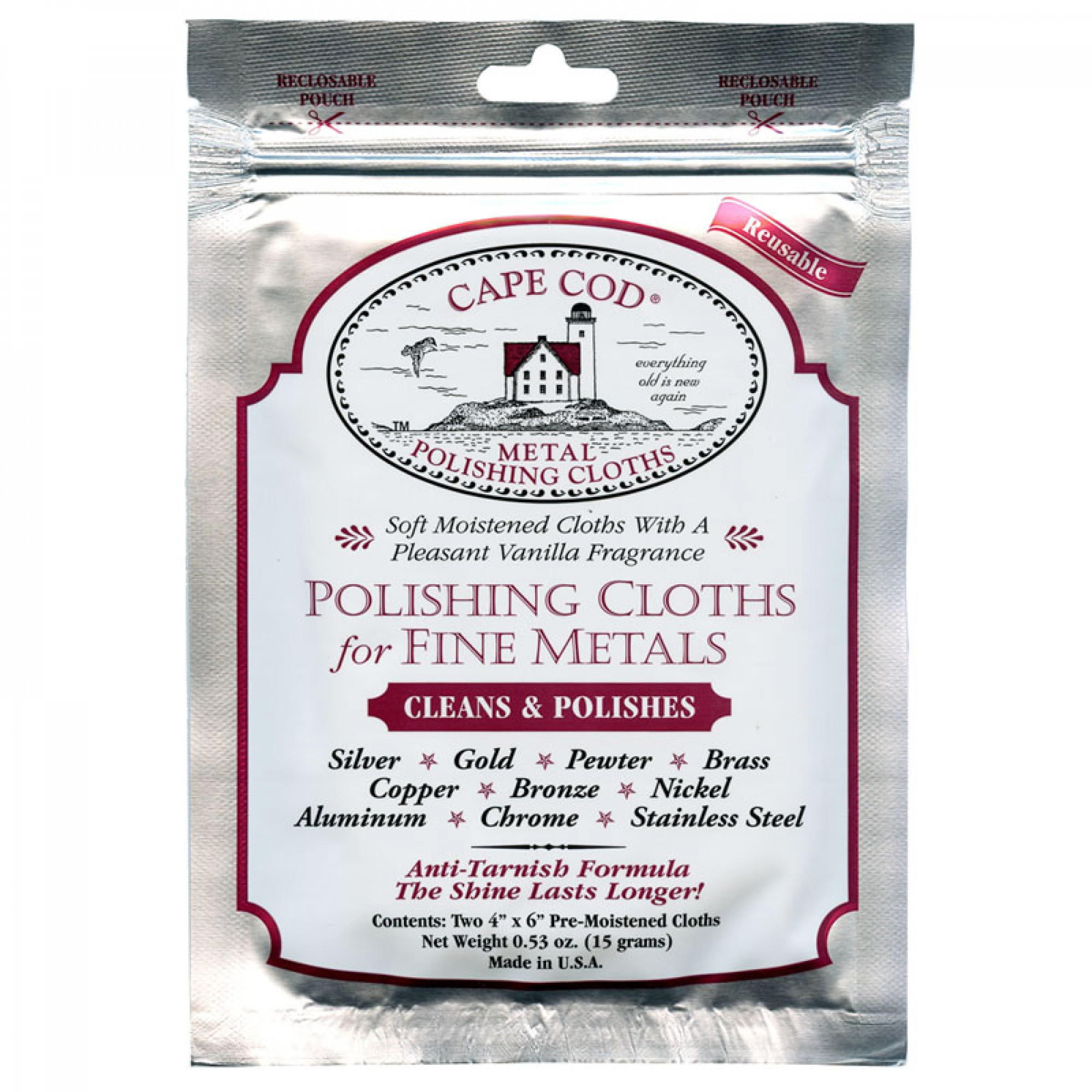 The Cape Cod Polishing Cloth is a premium, re-usable cloth designed to clean, polish, and protect various types of metals, including silver, brass, pewter, gold, stainless steel, copper, aluminum, and nickel.