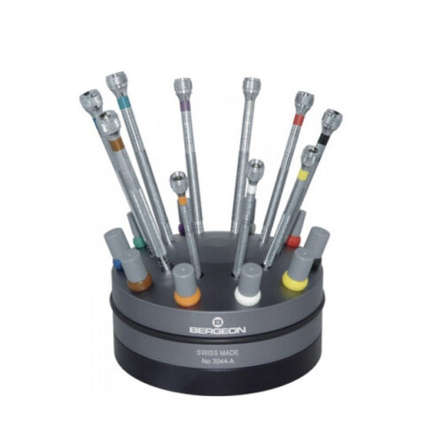 Bergeon 3044-A Chrome Screwdrivers with Rotating Base – 10 Piece Set with Spare Blades