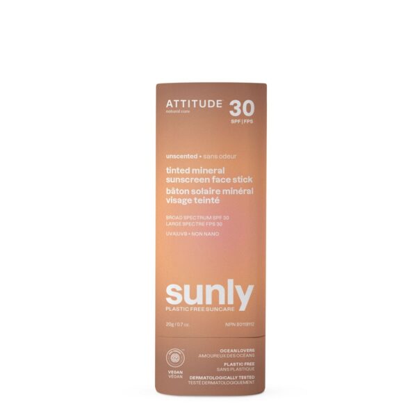 Tinted Mineral Sunscreen Face Stick, SPF 30, Unscented, Sunly, ATTITUDE