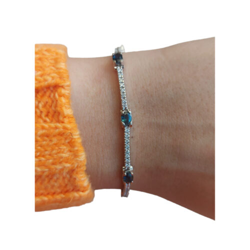 14k White Gold Tennis Bracelet with Diamonds and Blue Stones