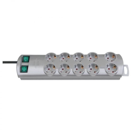 Brennenstuhl Primera-Line, 10 Way Power Strip with 2 Switches for 5 Sockets and 2 m Cable Silver