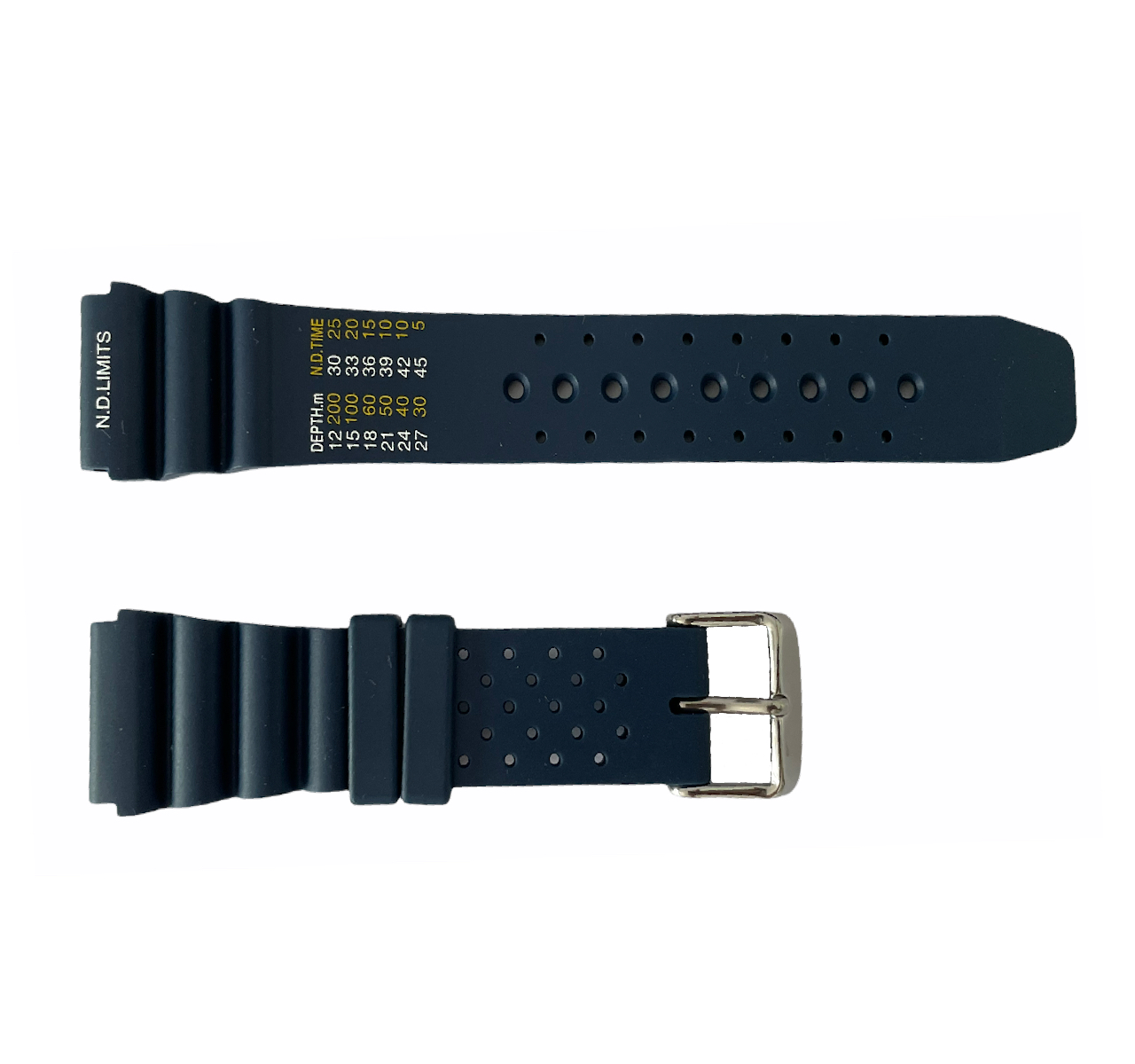Blue rubber diver watch strap with decompression table and stainless steel buckle 22 mm, 24 mm