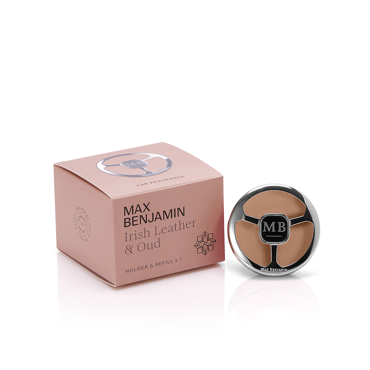 Max Benjamin Irish Leather and Oud car fragrance dispenser