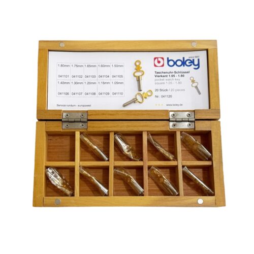 Set of 20 pocket-watch keys nickel-plated steel shaft and stamper brass handle