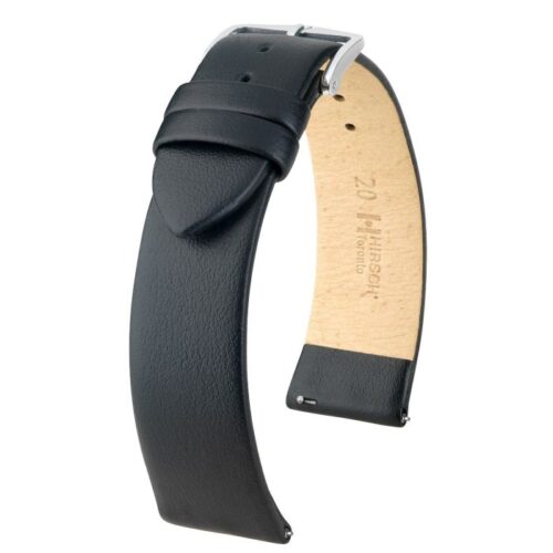 Hirsch Toronto L black calf leather watch strap 18 mm, Silver buckle, Ref. 03702050-2-18