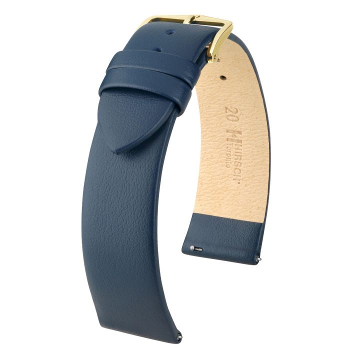 Hirsch Toronto L blue calf leather watch strap, 20 mm, Blue Color Strap, Gold Buckle, Size 20mm- L, Ref. 03702080-1-20