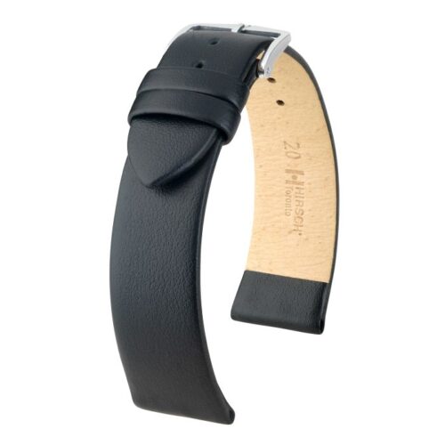 Hirsch Toronto L black calf leather watch strap 20 mm, Black Color Strap, Silver Buckle, Size 20mm L,  Ref.  03702050-2-20