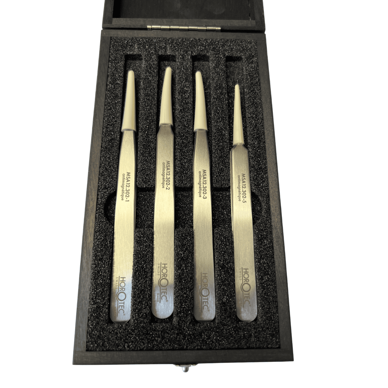 Horotec MSA12.388 Antimagnetic Tweezers Set No.1 2 3 5 904L Steel Wooden Box