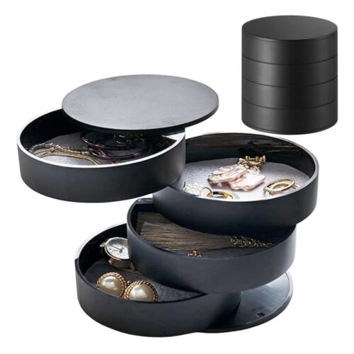 Gugita Round Black Jewellery Box Organiser with Pull-Out Compartments