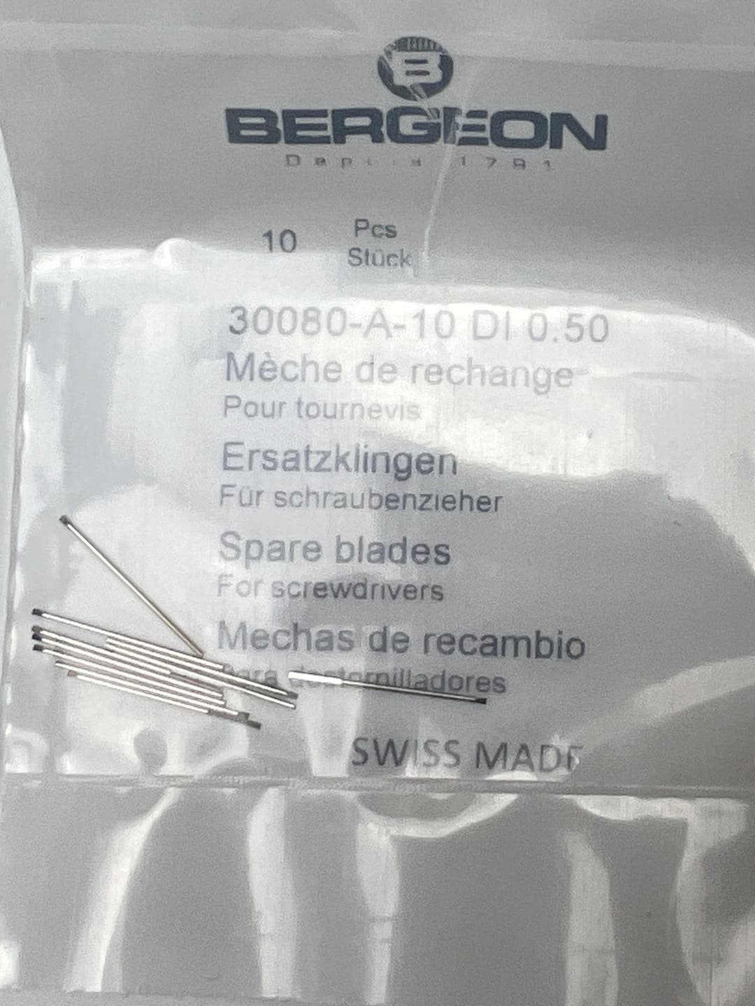 Bergeon 30080-A-10 DI 0.50 mm Steel Screwdriver Blades - Pack of 10